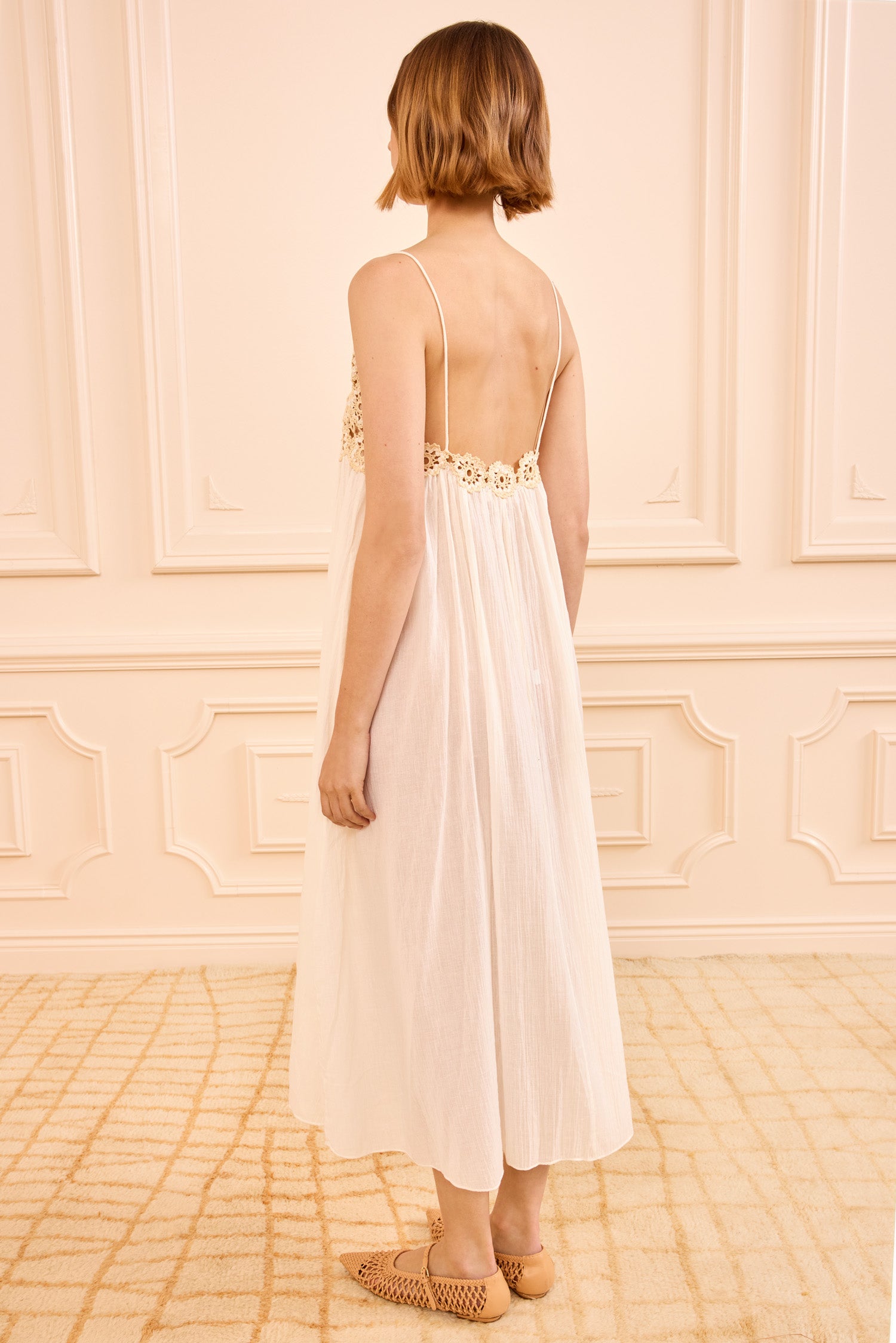 Ulla Johnson Zadie Coverup Dress in Creme Cotton Gauze, Open Back with Crochet Detail - Back View | Ulla Johnson