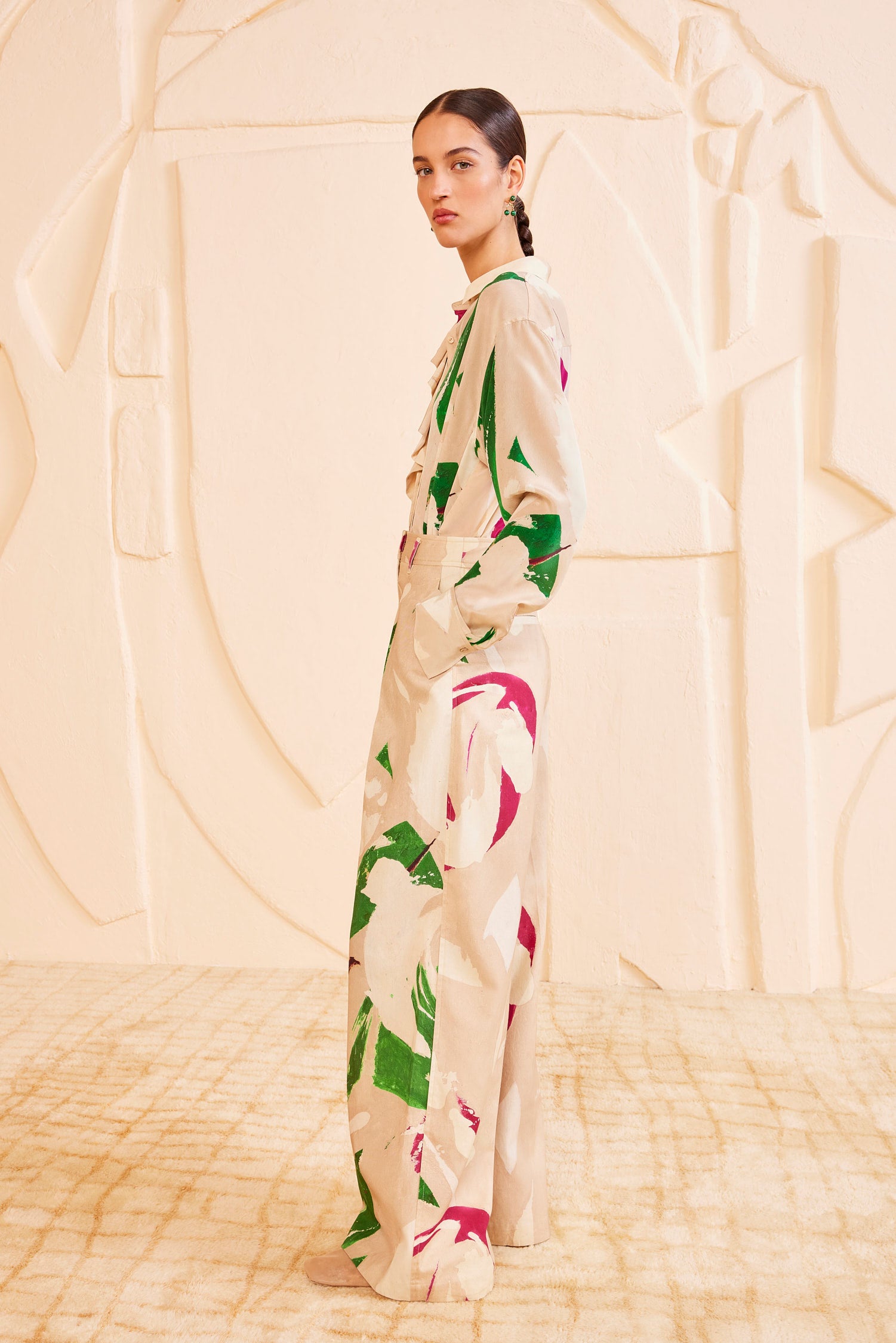 Ulla Johnson Comet Cotton Twill Wide-Leg Pants - Side Profile View, Artistic Brushstroke Print | Ulla Johnson