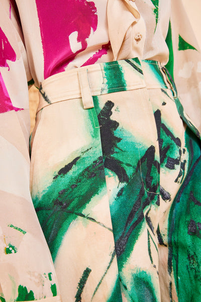 Portrait In Green Cotton Twill Pants - Waistband and Print Detail | Ulla Johnson