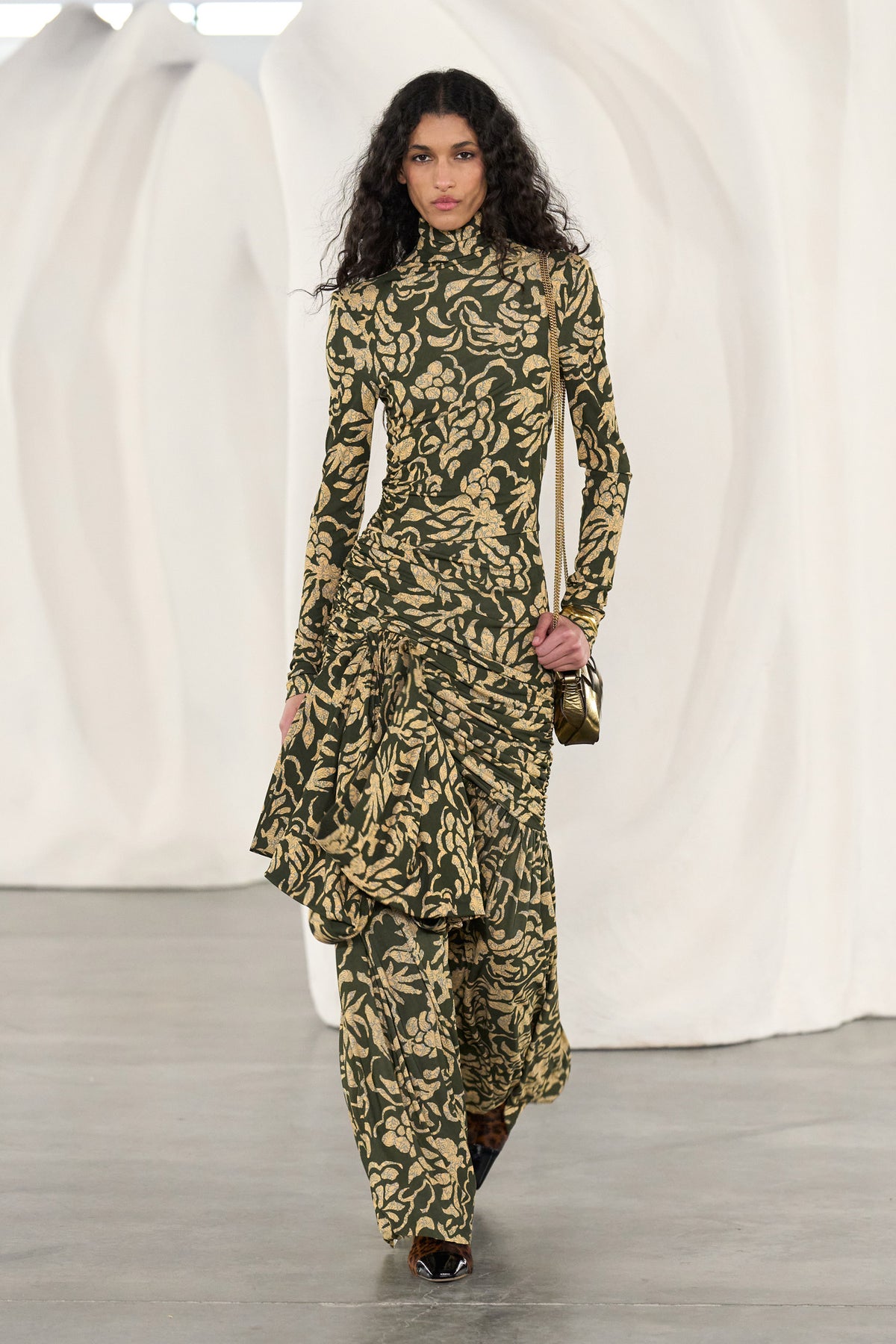 Carlyle Leopard Boot on Model, AW26 Runway Look 29, Styled with Floral Gown | Ulla Johnson
