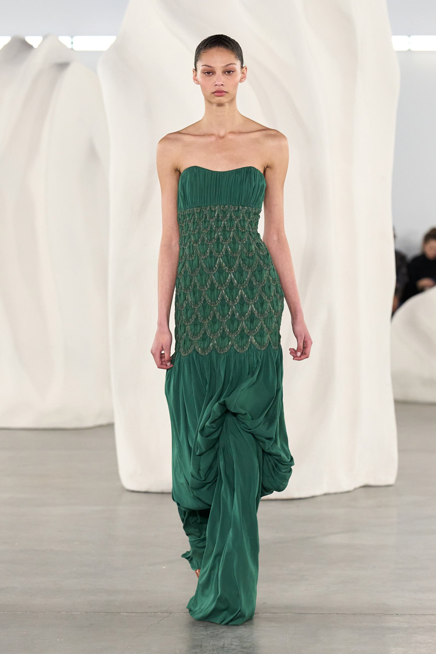 Ulla Johnson Green Silk Strapless Gown - AW26 Runway Look 53, On Model Walking | Ulla Johnson