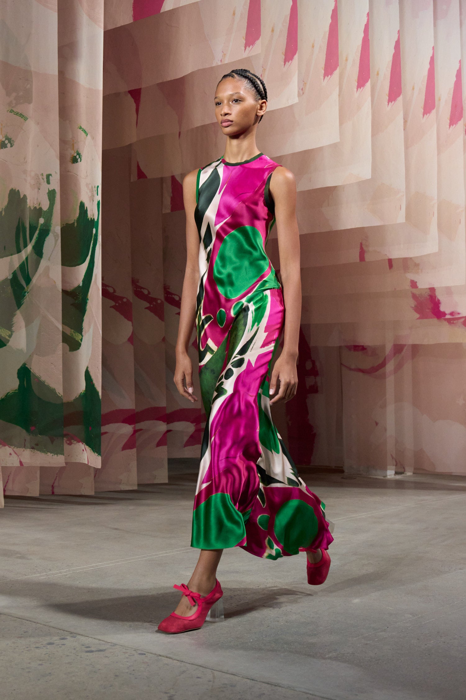 Ulla Johnson Premium Silk Abstract Print Bias-Cut Midi Dress - SS25 Runway Walk, Front Angle | Ulla Johnson