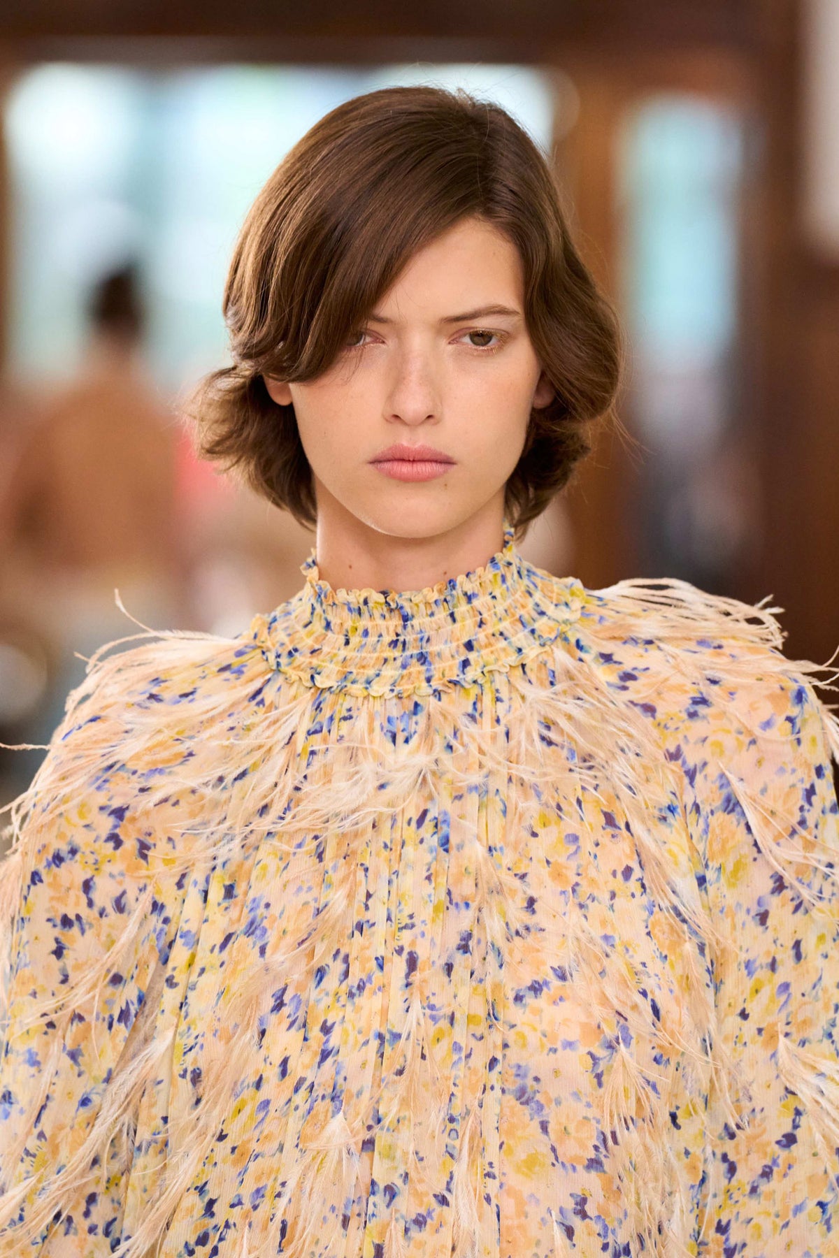 Miriam Dress Smocked High Neck & Cascading Feather Trim - SS26 Runway Close-Up | Ulla Johnson