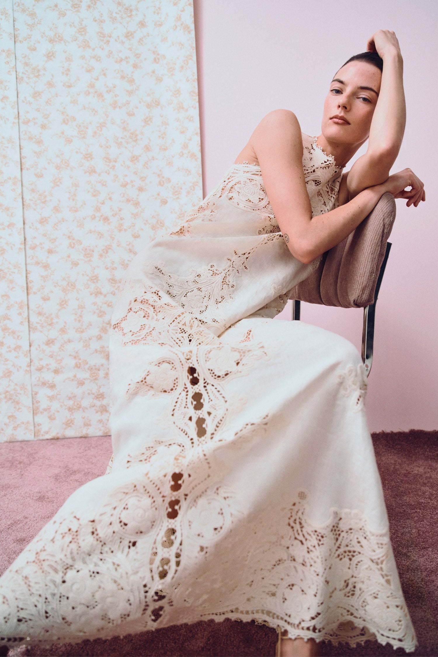 Ulla Johnson Ivory Linen Embroidered Midi Skirt - Editorial Seated Lifestyle Shot | Ulla Johnson
