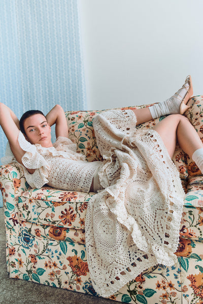 Bea Crochet Top in Cowrie - Editorial Styled Look on Floral Sofa | Ulla Johnson