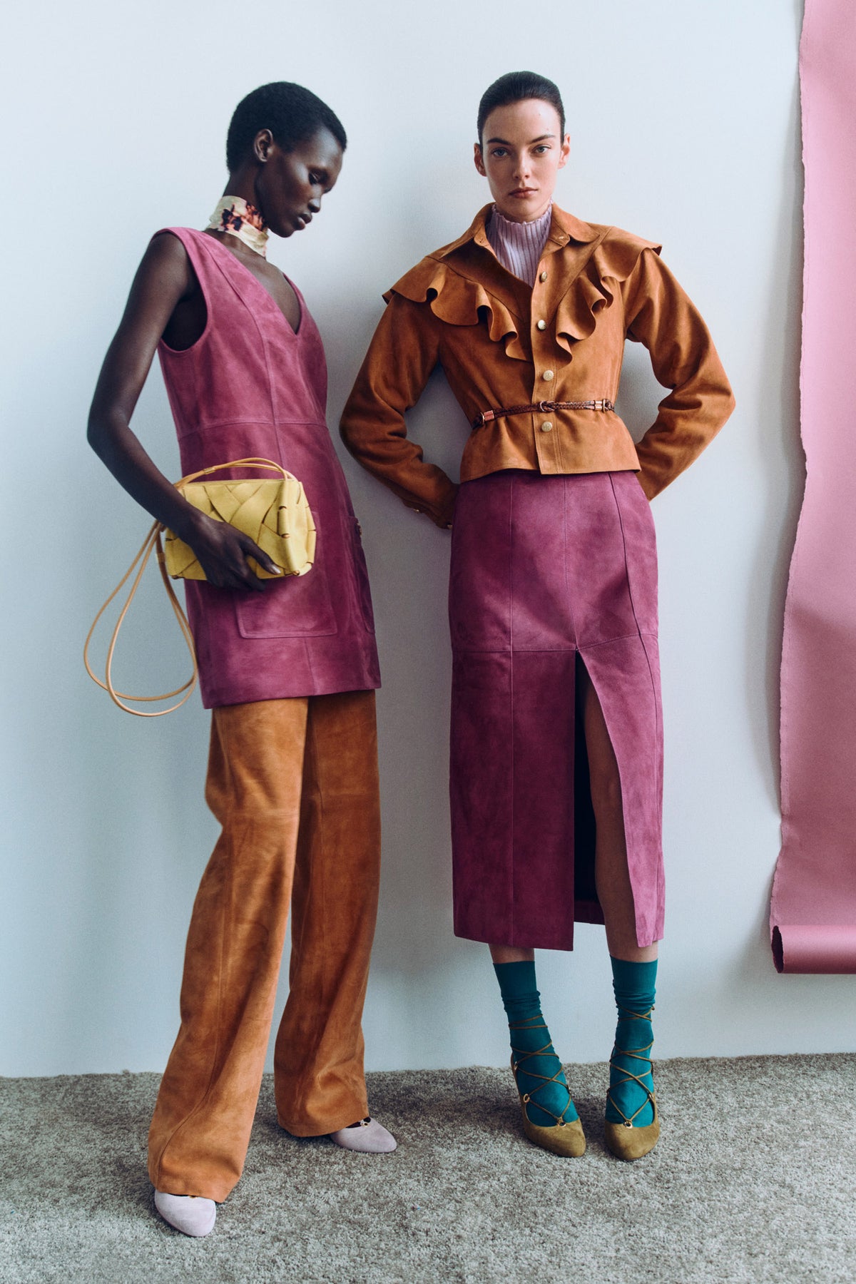 Freja Cognac Suede Pant Styled with Pink Suede - Editorial Campaign Look | Ulla Johnson