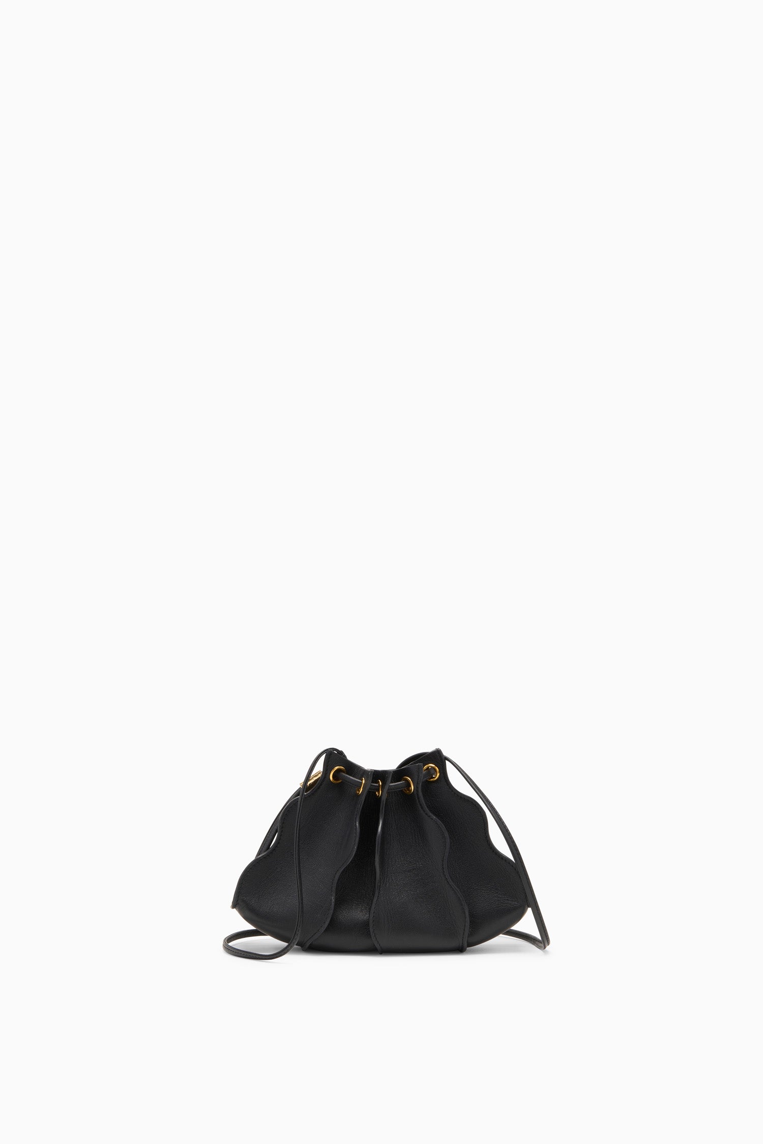 Ulla Johnson Black Leather Adria Wave Mini Crossbody - Front View Drawstring Opening | Ulla Johnson