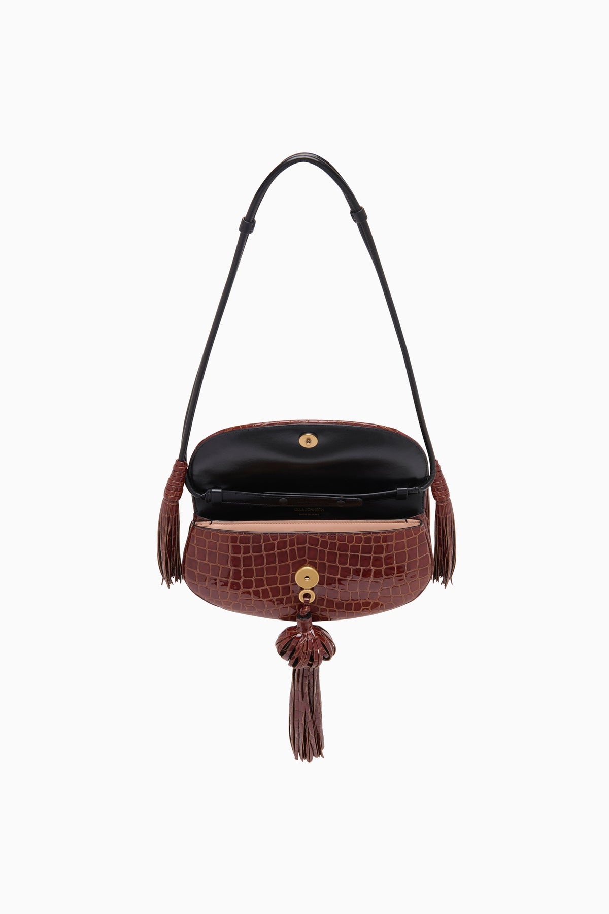 Paloma Tassel Flap Bag Chestnut Croc-Embossed Leather - Open Interior View | Ulla Johnson
