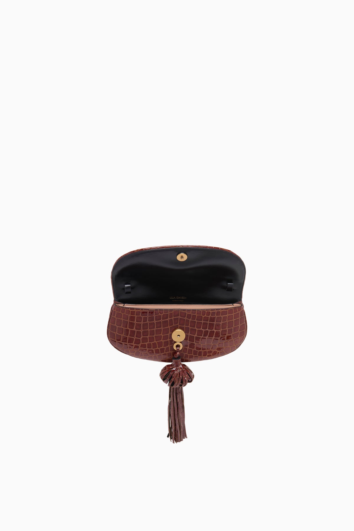 Paloma Tassel Flap Bag Chestnut Leather - Open Interior Detail, Gold Hardware | Ulla Johnson