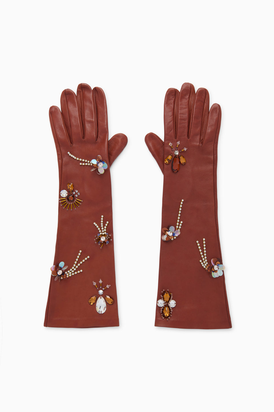 Wenge Lambskin Embellished Leather Gloves - Palm View, Elongated Gauntlet Style, Supple Buttery Leather | Ulla Johnson