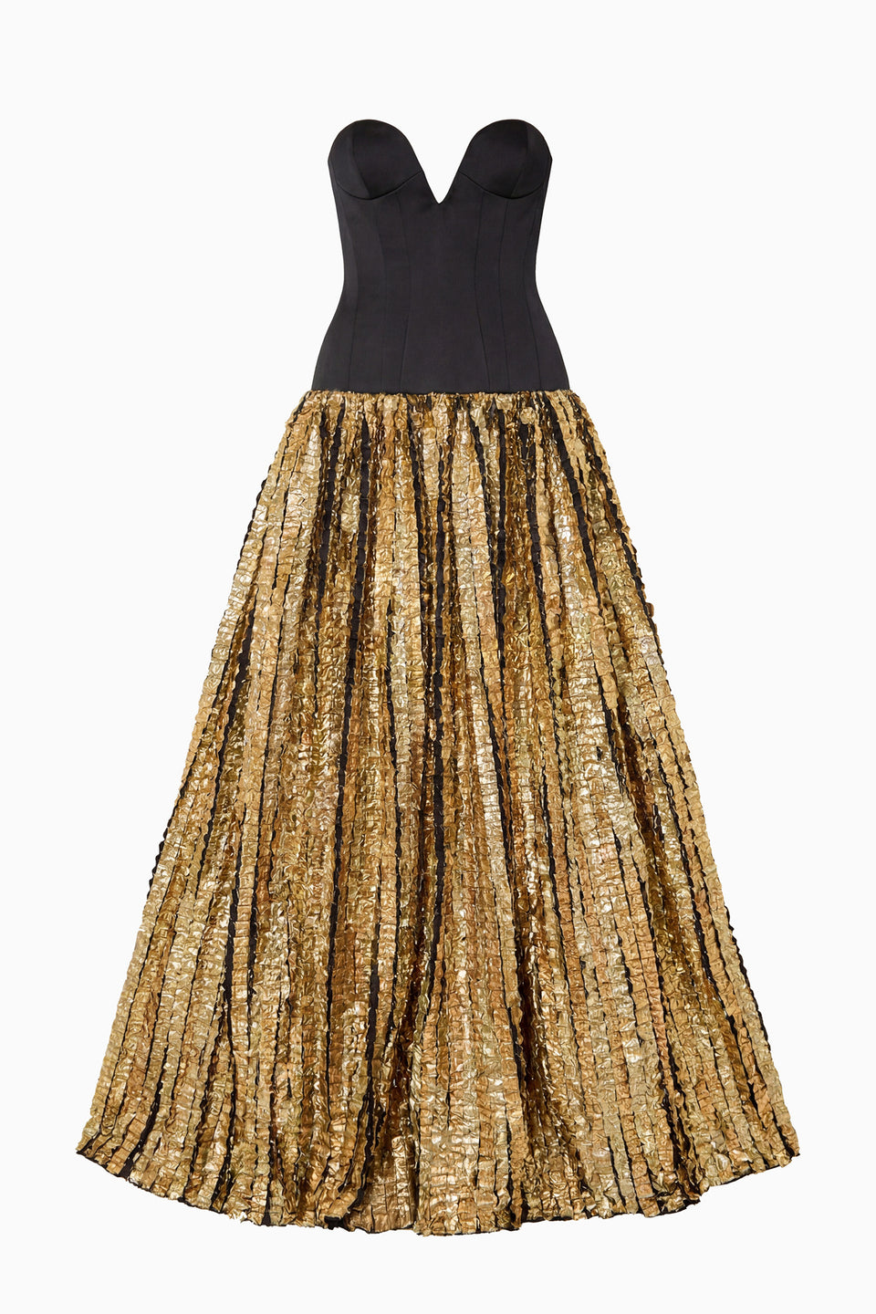 Luxury Gold and Noir Strapless Fil Coupé Evening Gown - Flat View | Ulla Johnson