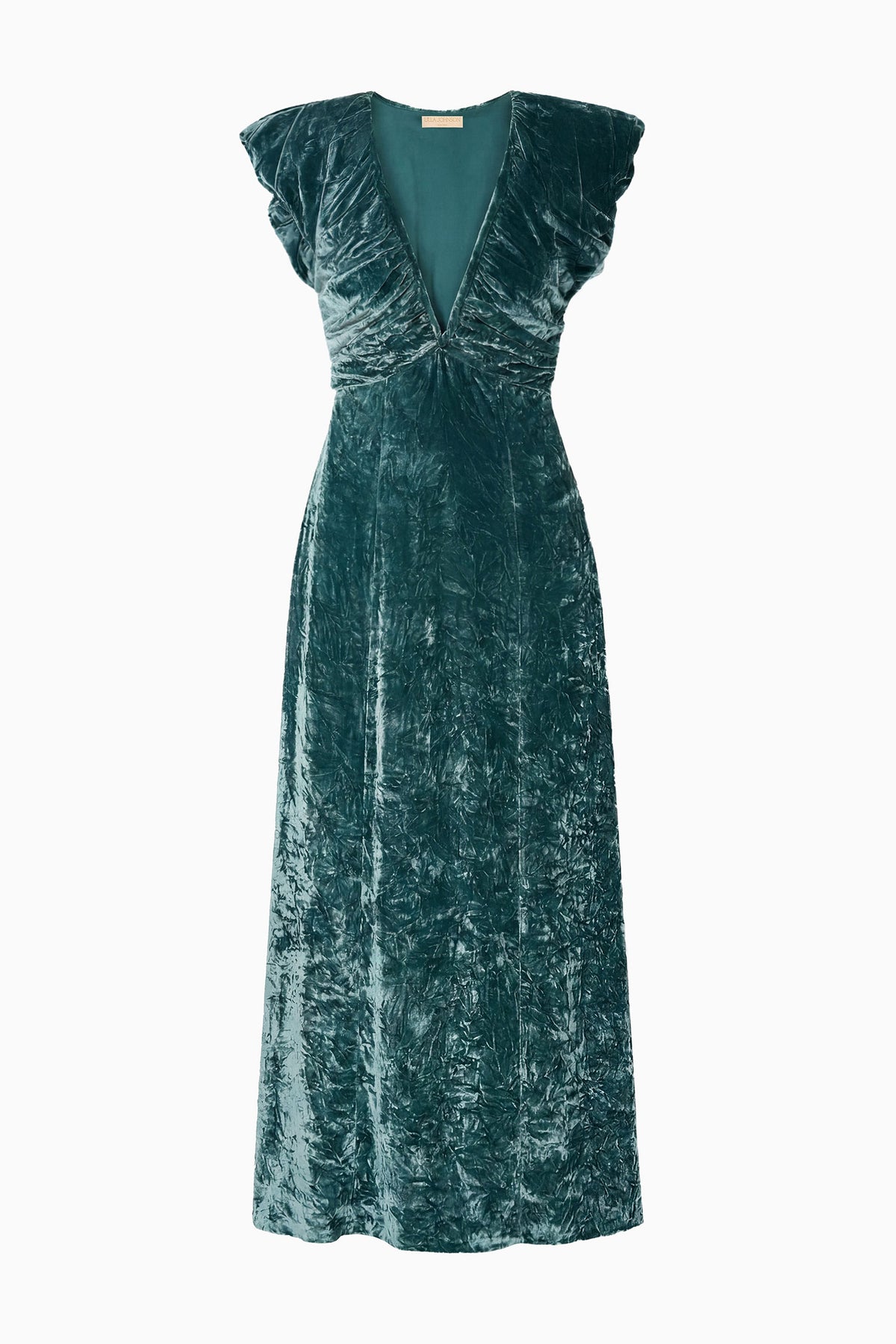 Jadeite Crinkled Velvet V-Neck Midi Dress - Flat Lay Product View | Ulla Johnson