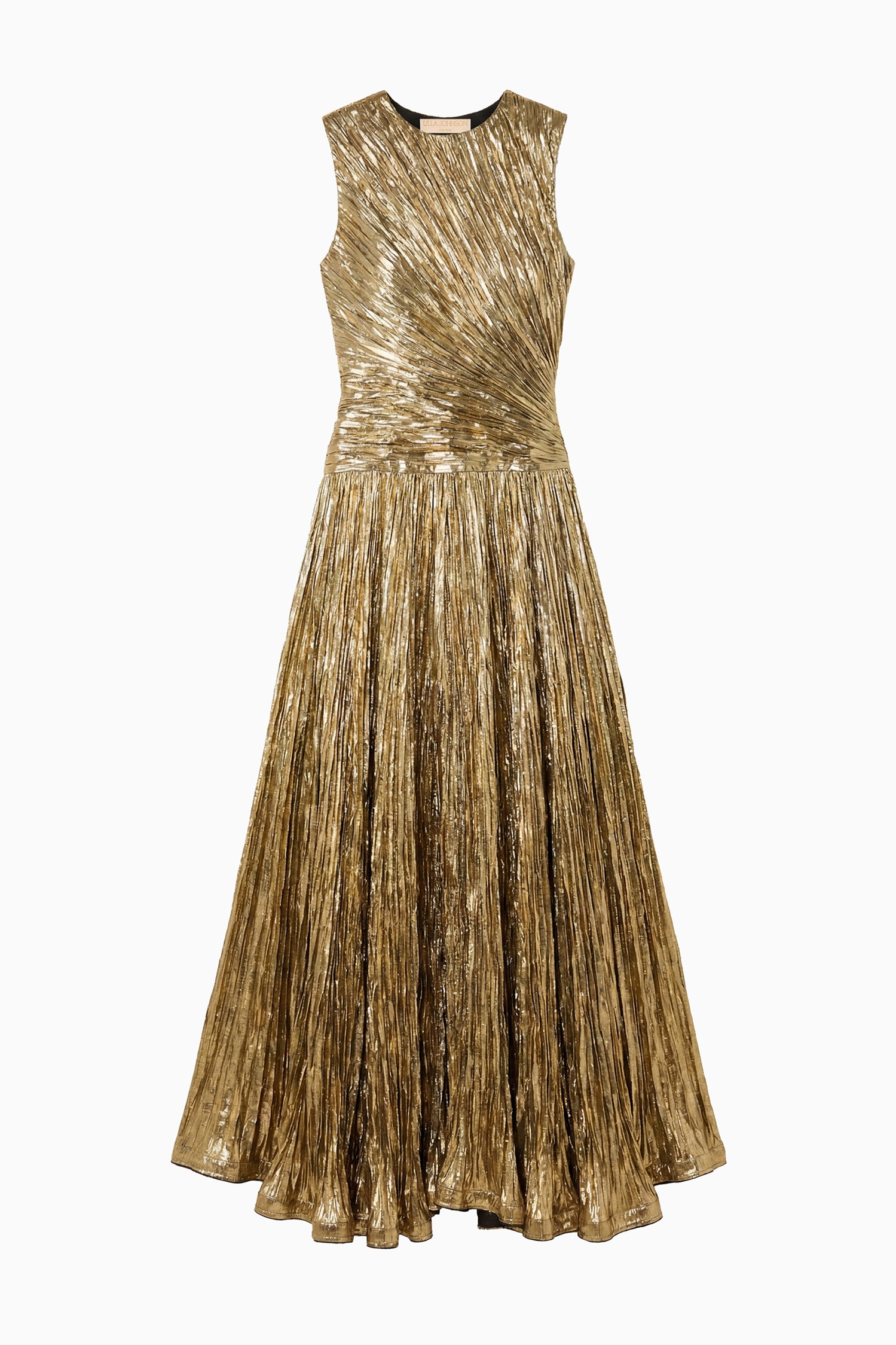 Ulla Johnson Gold Lamé Eugenia Pleated Maxi Gown - Flat Lay Product Shot | Ulla Johnson
