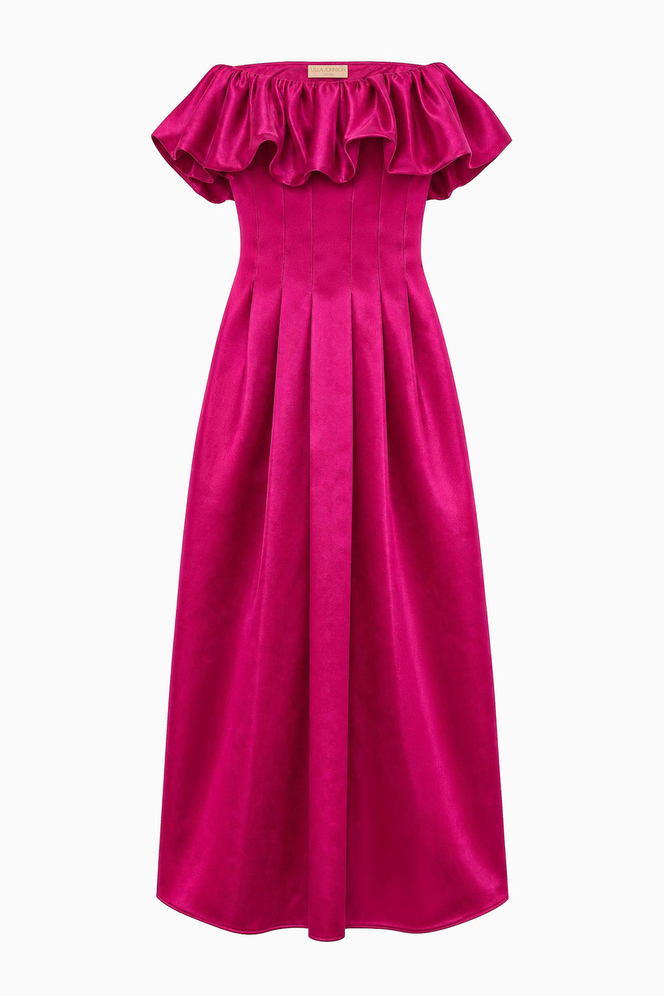 Orchid Satin Strapless Dress - Flat Lay, Ruffled Neckline and Pleated Skirt | Ulla Johnson