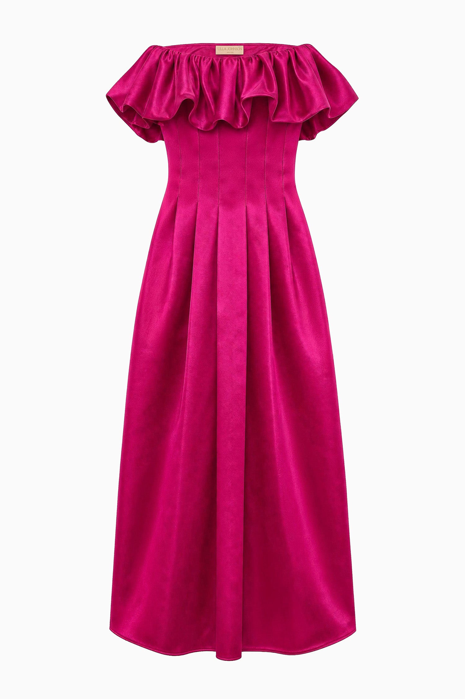 Ulla Johnson Orchid Satin Strapless Dress - Flat Lay, Ruffled Neckline and Pleated Skirt | Ulla Johnson