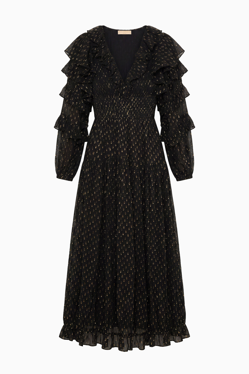 Noir Black Silk Chiffon Long Sleeve Midi Dress, Gold Fil Coupé Dot - Flat Lay | Ulla Johnson