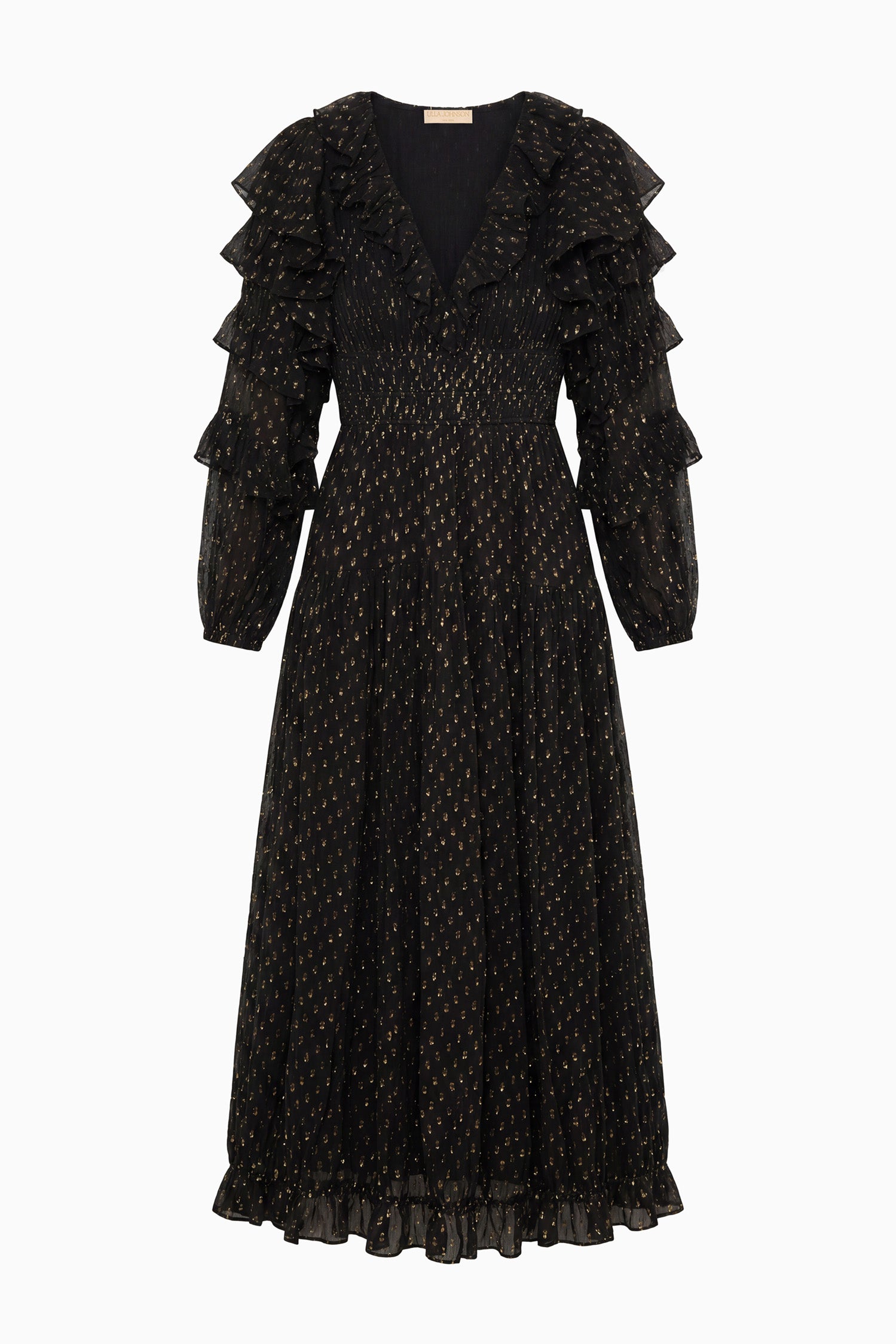 Ulla Johnson Noir Black Silk Chiffon Long Sleeve Midi Dress, Gold Fil Coupé Dot - Flat Lay | Ulla Johnson