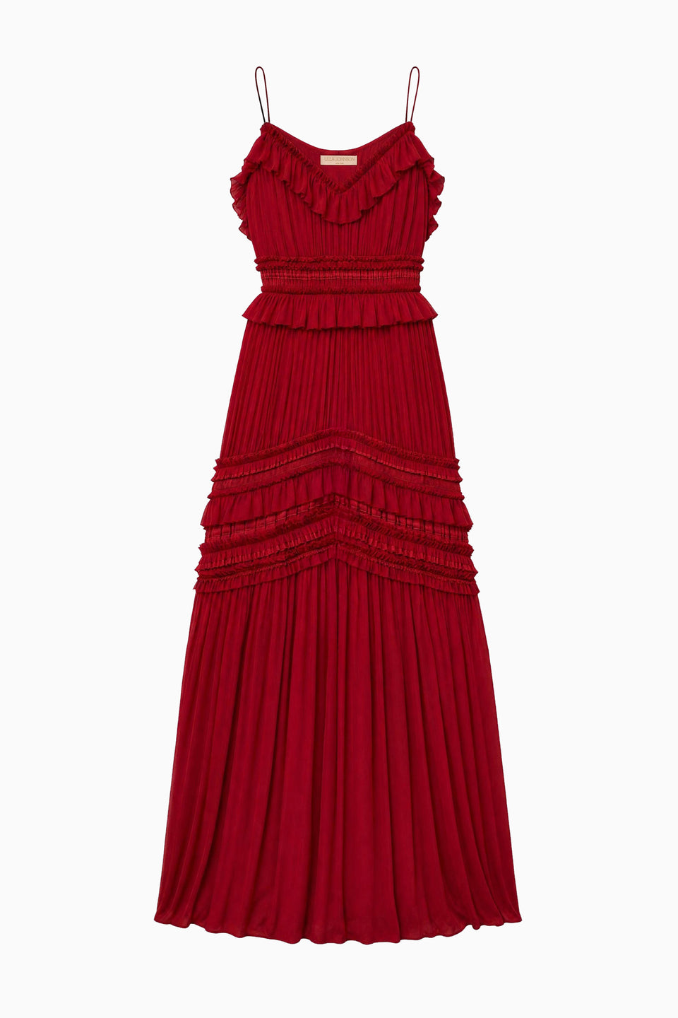 Cerise Silk Chiffon Pleated Ruffle Gown - Flat Lay, Full Length | Ulla Johnson