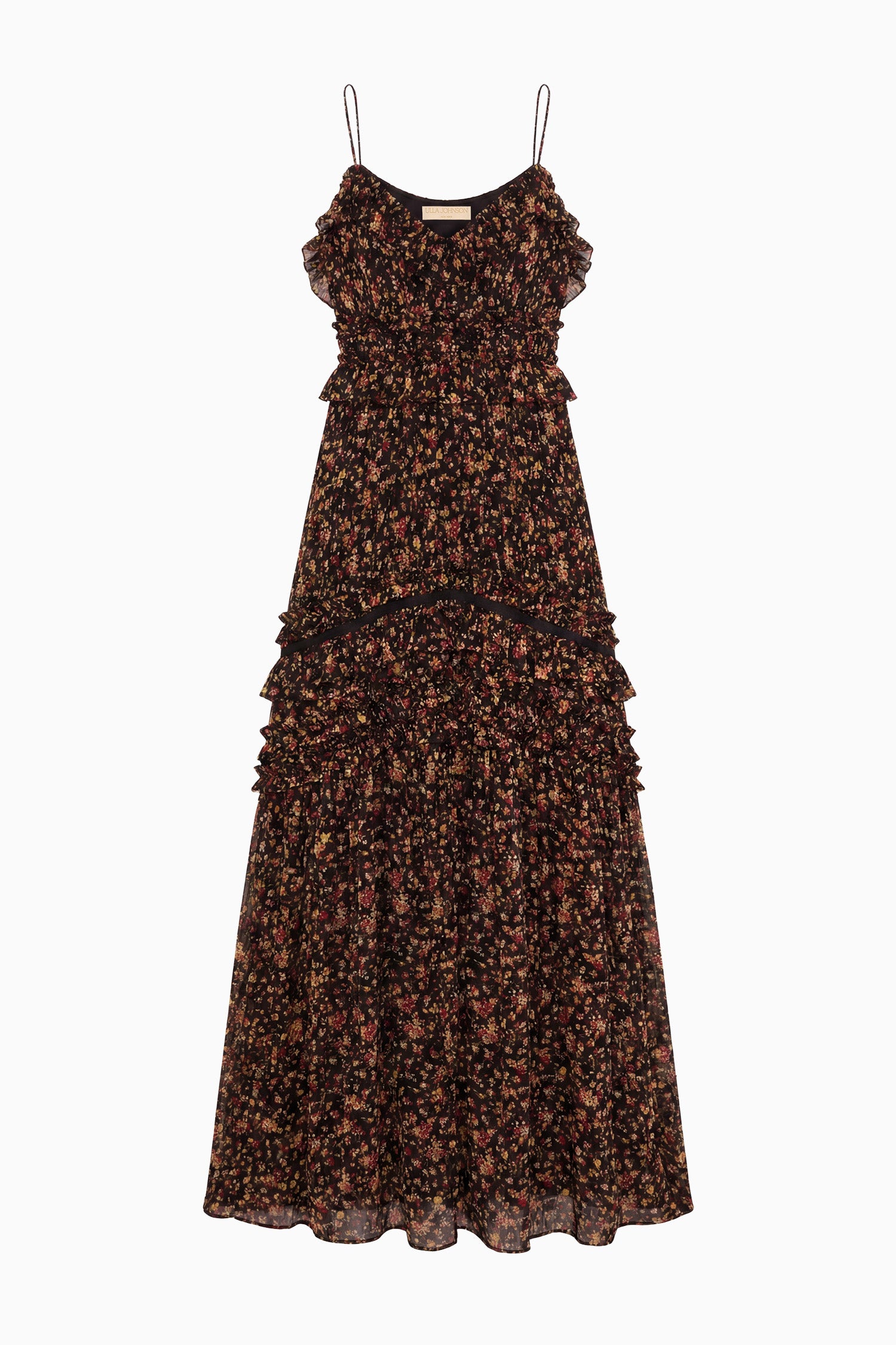Ulla Johnson Noir Mille Fleur Designer Silk Chiffon Gown - Flat Lay | Ulla Johnson