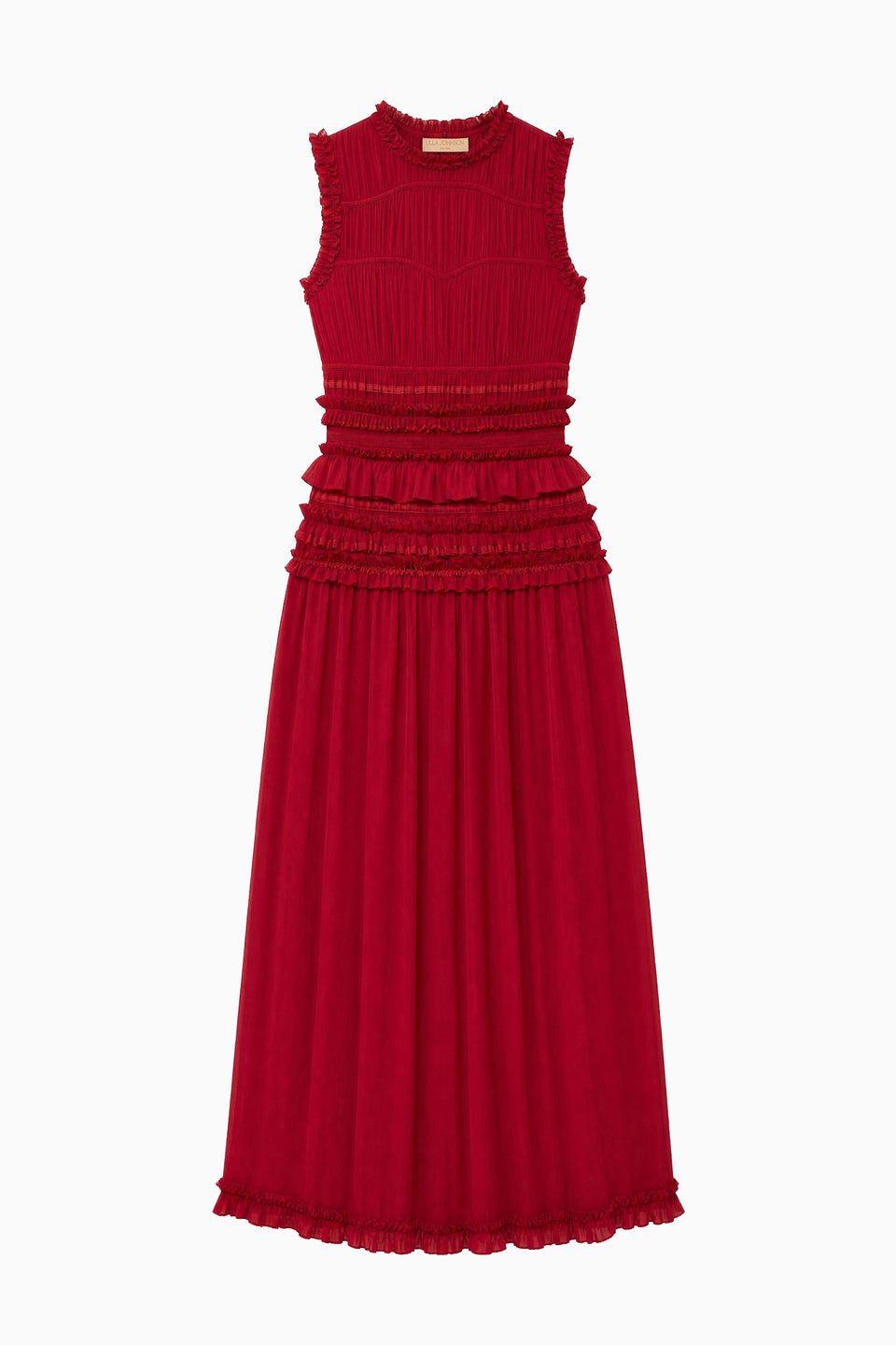 Cerise Silk Chiffon Etta Sleeveless Midi Dress - Flat Lay, Ruffle & Fringe Detail | Ulla Johnson