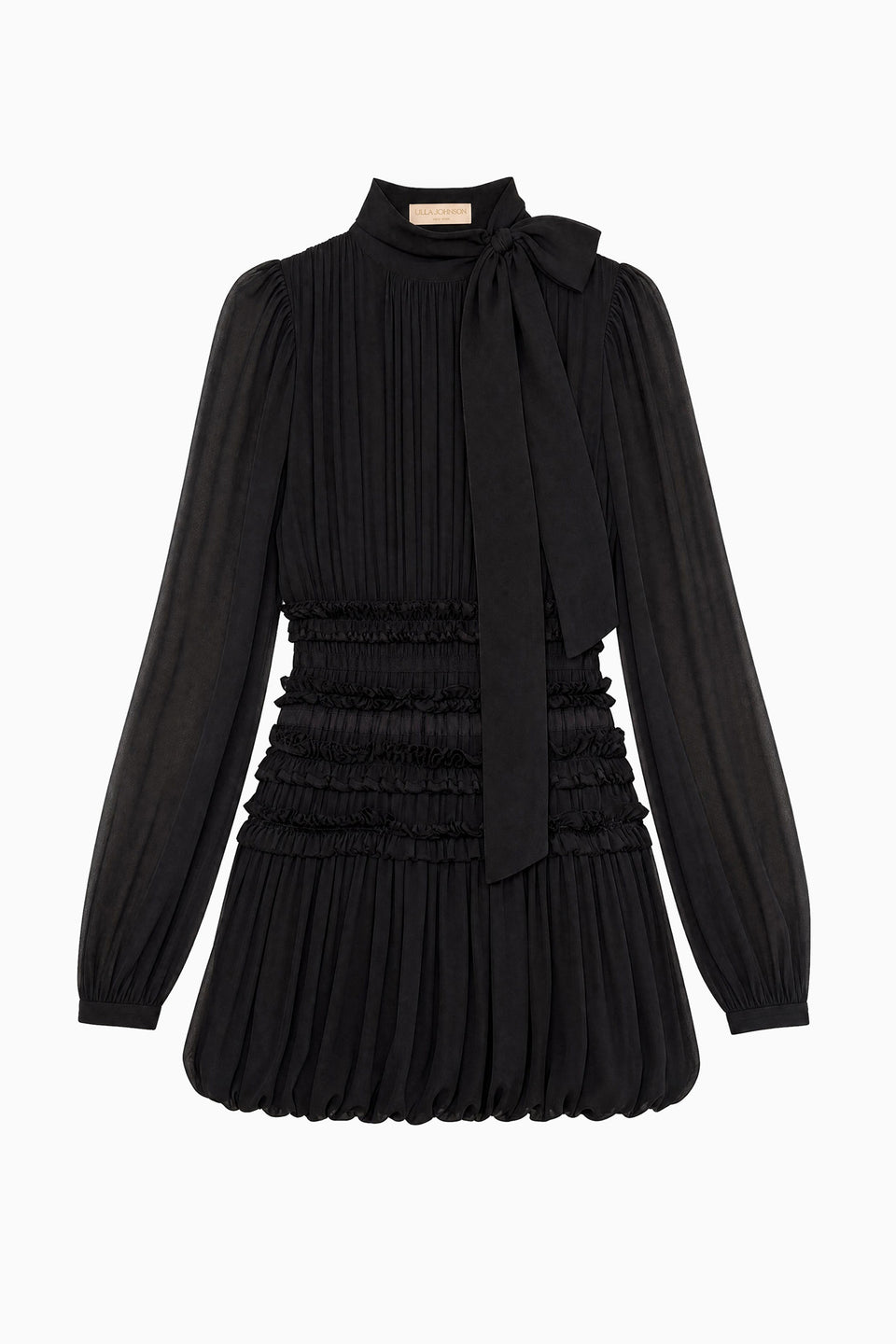 Black Luxury Silk Chiffon Mini Dress with Bow Neck - Flat Lay | Ulla Johnson