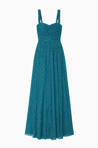 Beryl Teal Silk Chiffon Anastasia Maxi Gown - Flat Lay, Gold Fil Coupé Dot | Ulla Johnson