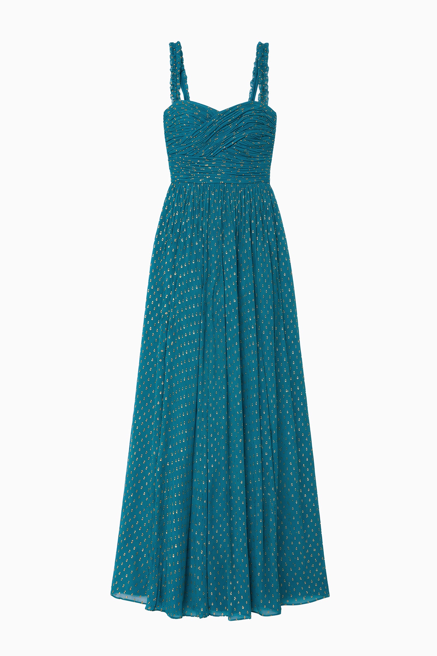 Ulla Johnson Beryl Teal Silk Chiffon Anastasia Maxi Gown - Flat Lay, Gold Fil Coupé Dot | Ulla Johnson