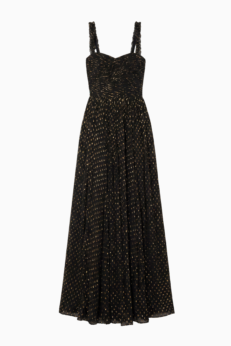 Anastasia Silk Gown Noir - Black Gold Fil Coupé Silk Chiffon Maxi Gown, Flat Lay | Ulla Johnson