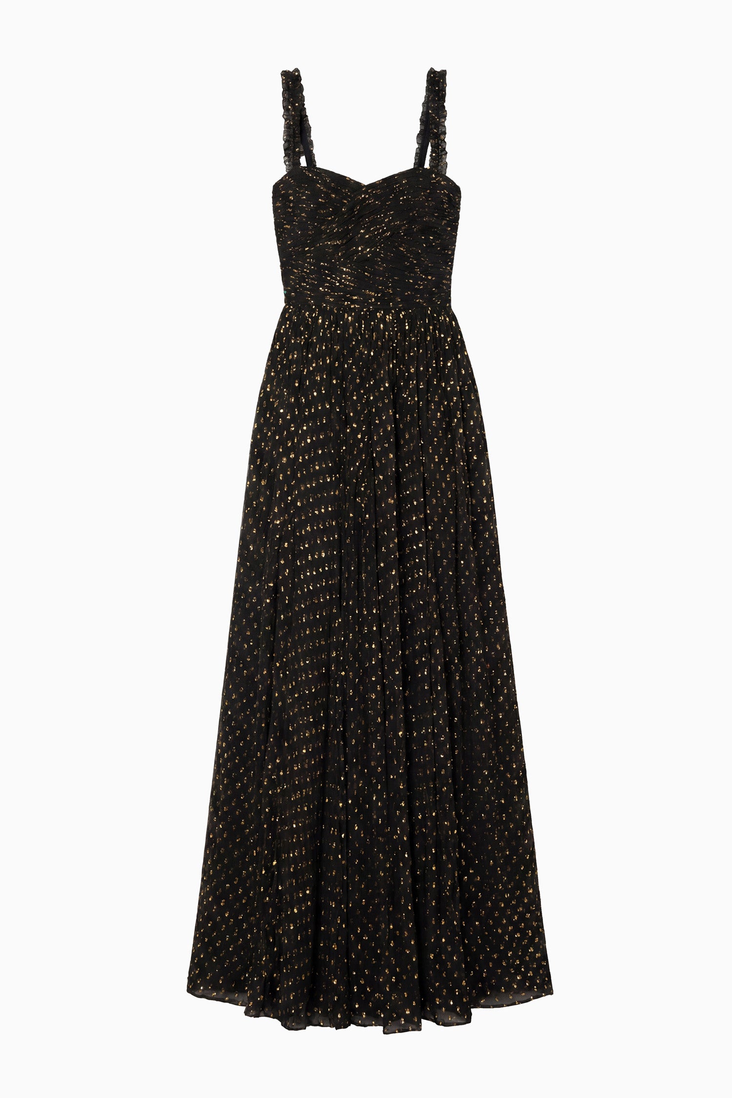 Ulla Johnson Anastasia Silk Gown Noir - Black Gold Fil Coupé Silk Chiffon Maxi Gown, Flat Lay | Ulla Johnson