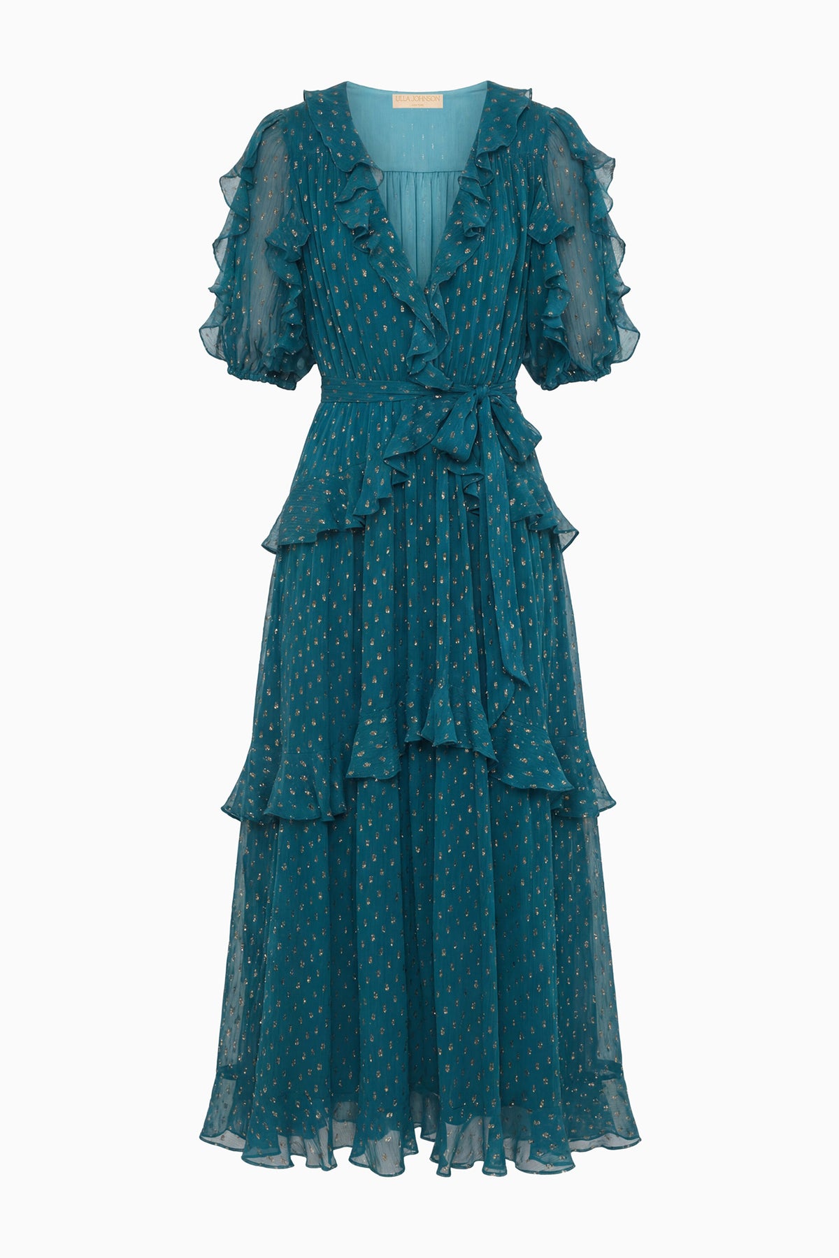 Beryl Silk Chiffon Designer Ruffle Dress with Self-Tie Belt - Flat Lay | Ulla Johnson