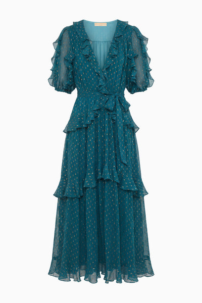 Beryl Silk Chiffon Designer Ruffle Dress with Self-Tie Belt - Flat Lay | Ulla Johnson