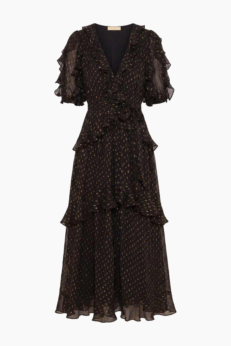 Noir Luxury Silk Short Sleeve Tiered Ruffle Maxi Dress - Flat Lay | Ulla Johnson