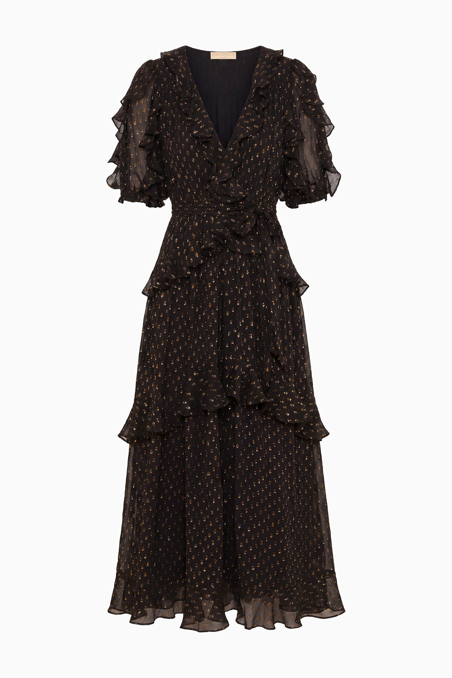 Ulla Johnson Noir Luxury Silk Short Sleeve Tiered Ruffle Maxi Dress - Flat Lay | Ulla Johnson