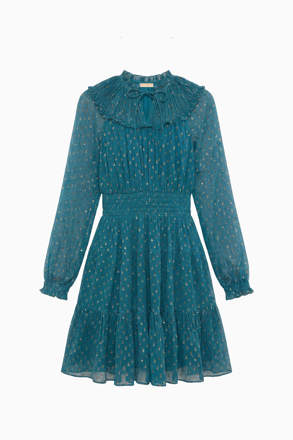 Beryl Teal Silk Chiffon Long Sleeve Mini Dress Gold Dot Motif - Flat Lay | Ulla Johnson