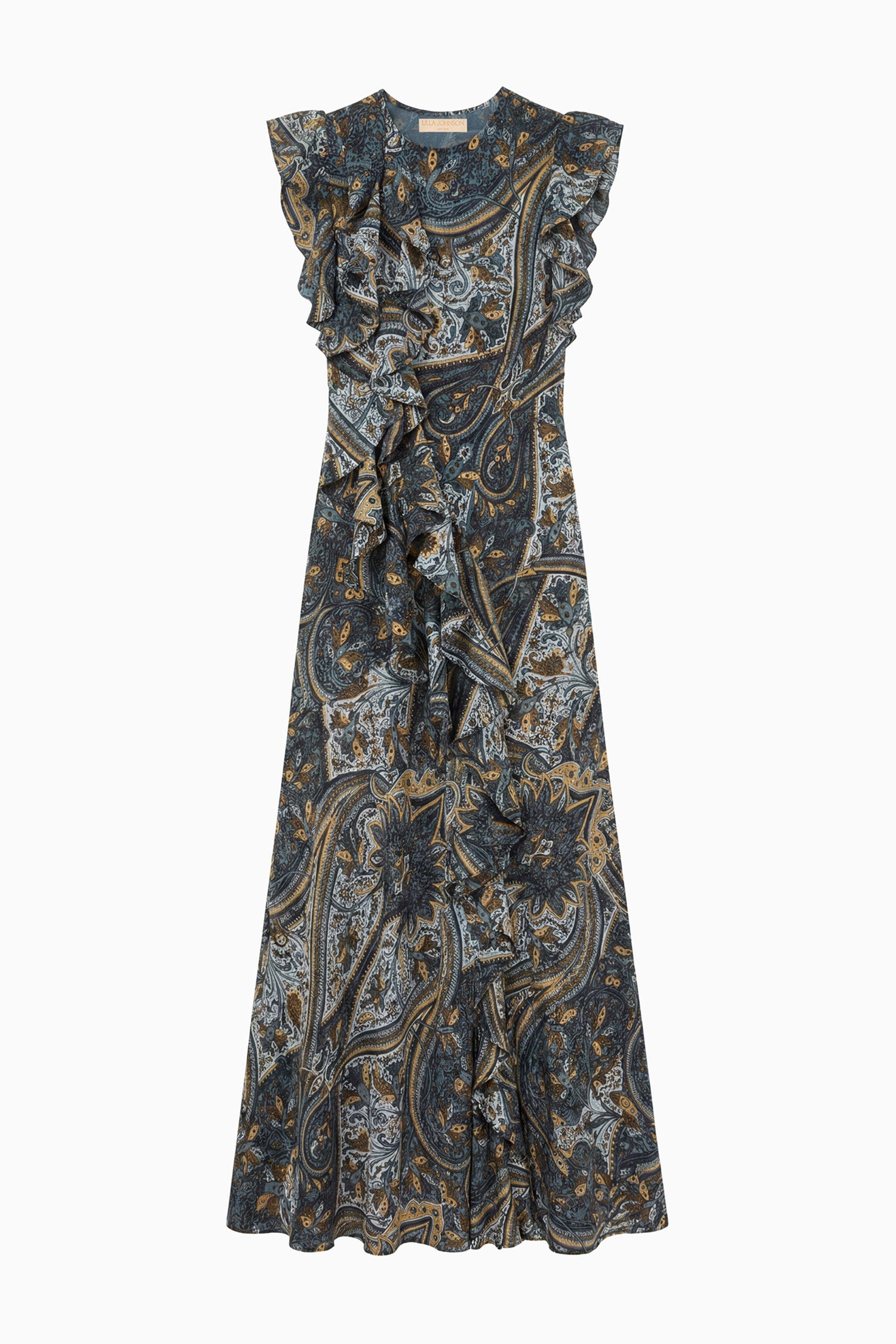 Ulla Johnson Prussian Silk Crepe de Chine Sleeveless Midi Dress - Flat Lay, Designer Paisley Print | Ulla Johnson