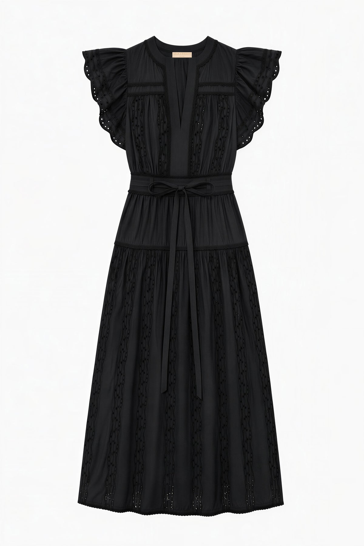 Noir Luxury Black Cotton Poplin Midi Dress - Flat Lay, Belted Ruffle Sleeve Silhouette | Ulla Johnson