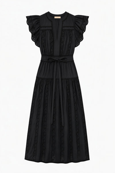 Noir Luxury Black Cotton Poplin Midi Dress - Flat Lay, Belted Ruffle Sleeve Silhouette | Ulla Johnson