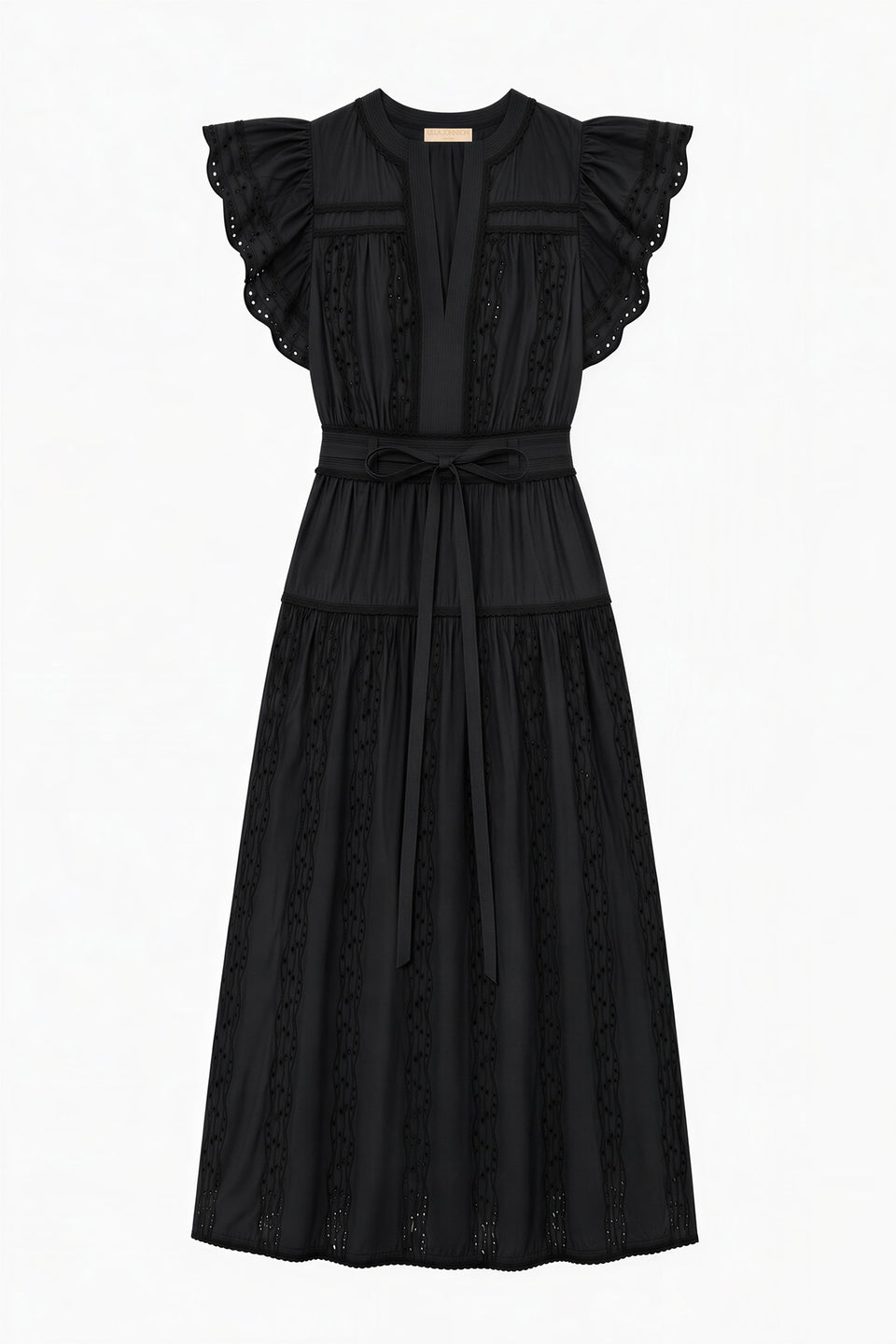 Noir Luxury Black Cotton Poplin Midi Dress - Flat Lay, Belted Ruffle Sleeve Silhouette | Ulla Johnson