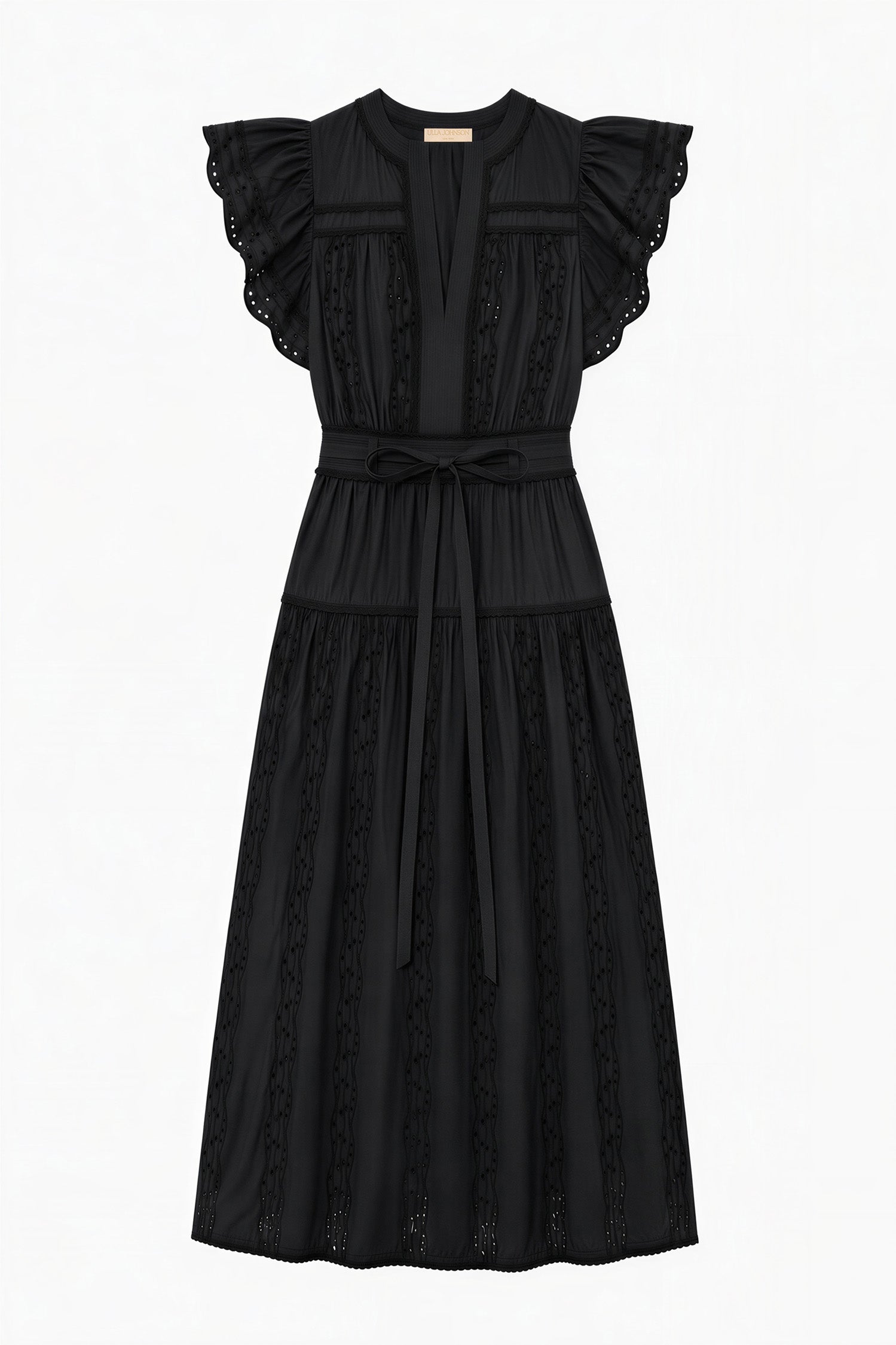 Ulla Johnson Noir Luxury Black Cotton Poplin Midi Dress - Flat Lay, Belted Ruffle Sleeve Silhouette | Ulla Johnson