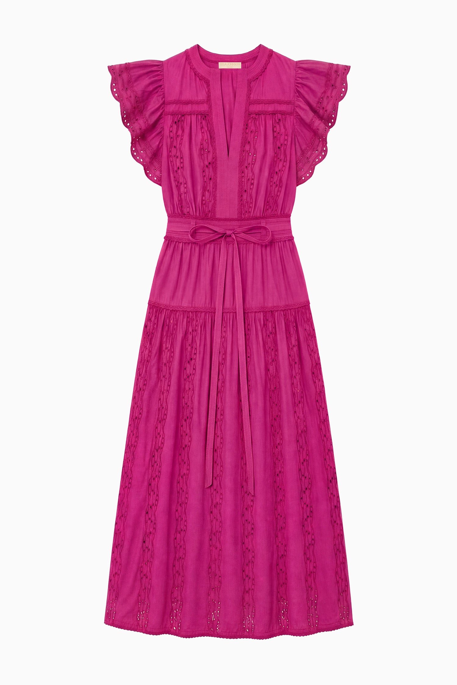 Ulla Johnson Orchid Designer Cotton Poplin Midi Dress - Flat Lay, Belted Eyelet Embroidery | Ulla Johnson