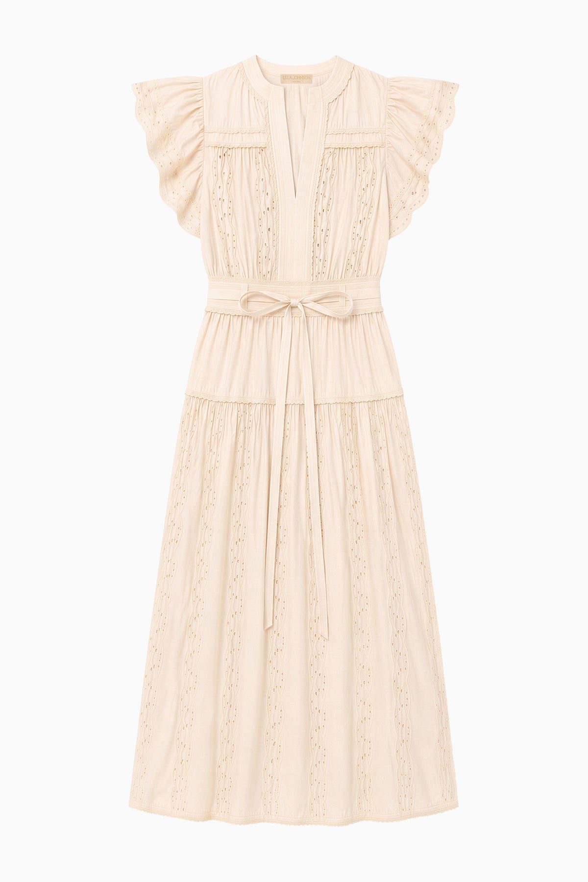 Pearled Ivory Dani Short Sleeve Cotton Dress - Flat Lay, Luxury Designer Eyelet | Ulla Johnson