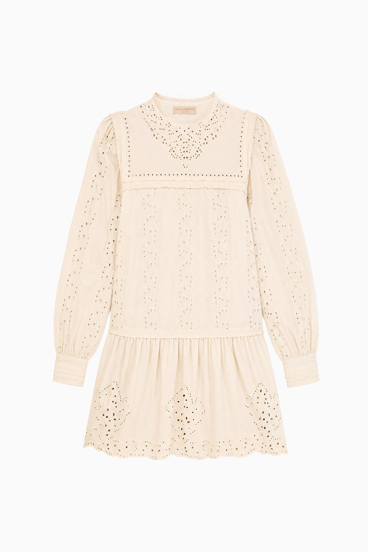 Pearled Ivory Cotton Poplin Eyelet Long Sleeve Mini Dress - Flat Lay | Ulla Johnson