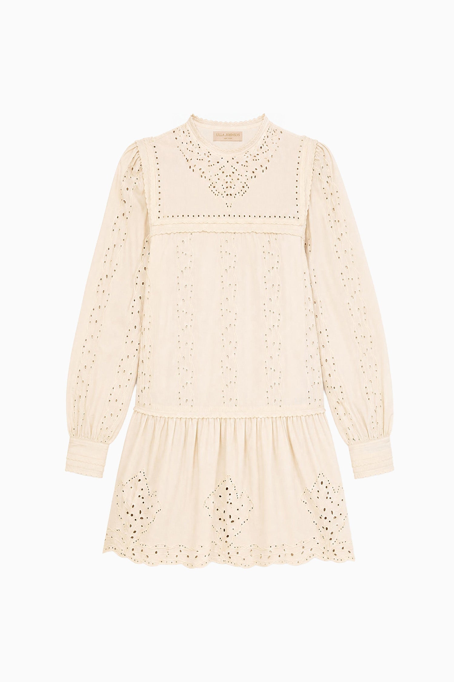 Ulla Johnson Pearled Ivory Cotton Poplin Eyelet Long Sleeve Mini Dress - Flat Lay | Ulla Johnson