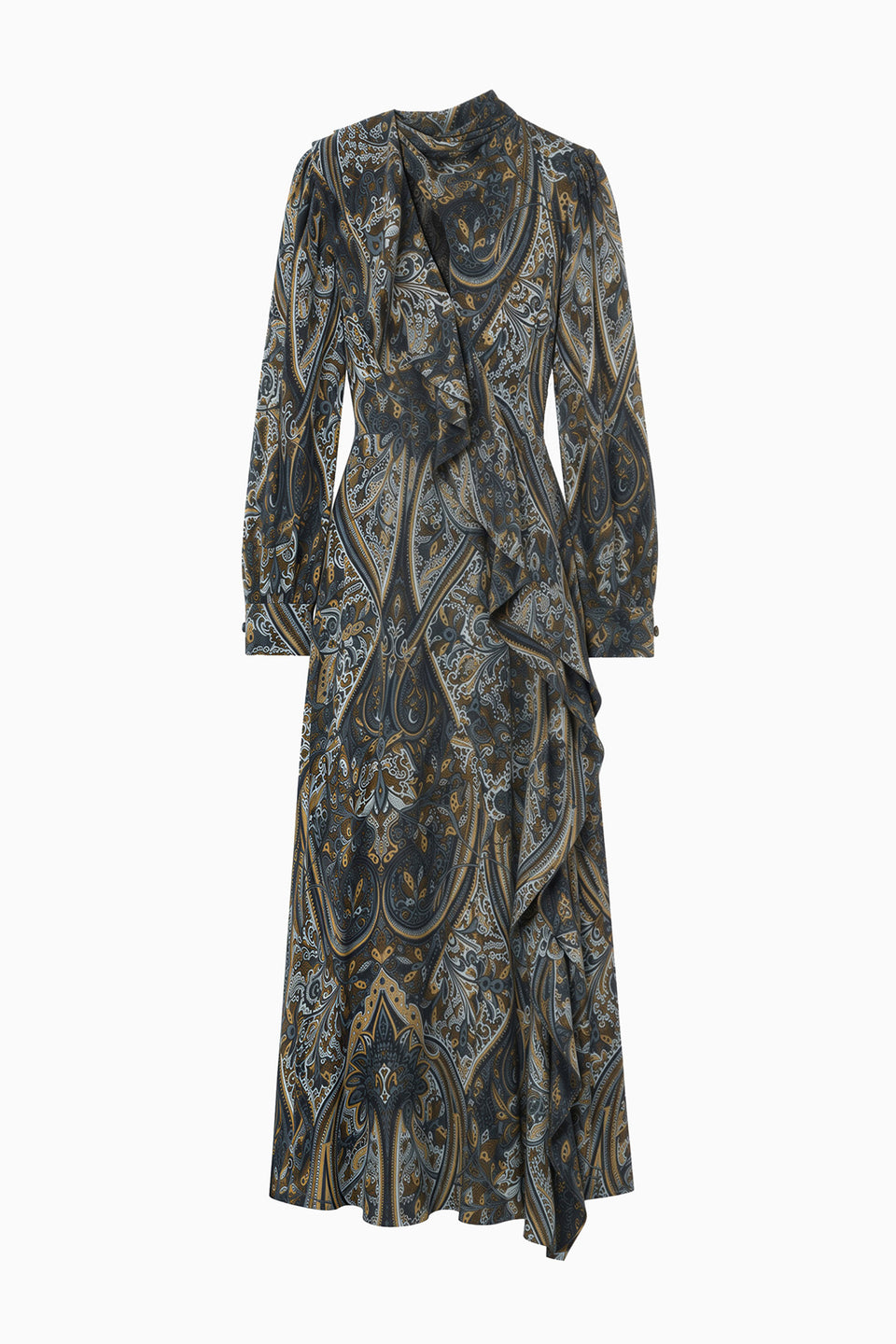 Prussian Paisley Long Sleeve Silk Midi Dress - Flat Lay, Designer Ruffle Detail | Ulla Johnson