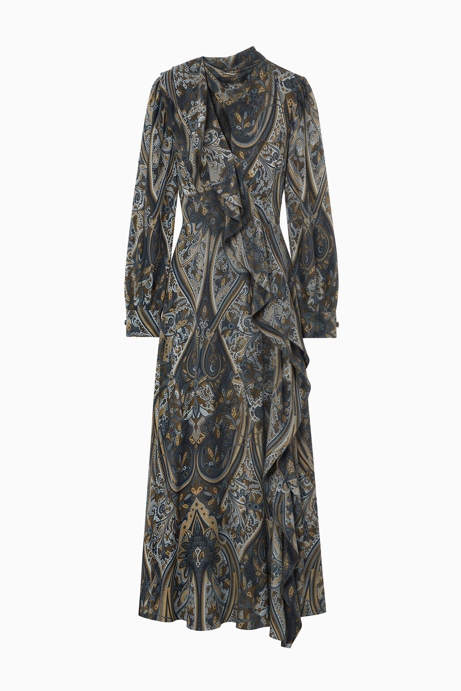 Ulla Johnson Prussian Paisley Long Sleeve Silk Midi Dress - Flat Lay, Designer Ruffle Detail | Ulla Johnson