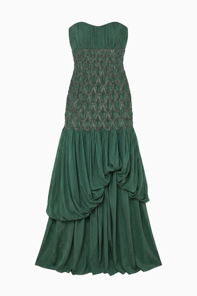 Green Silk Strapless Premium Gown with Metallic Cloqué Bodice - Flat Front View | Ulla Johnson