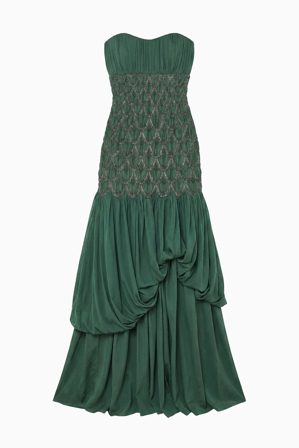 Green Silk Strapless Premium Gown with Metallic Cloqué Bodice - Flat Front View | Ulla Johnson