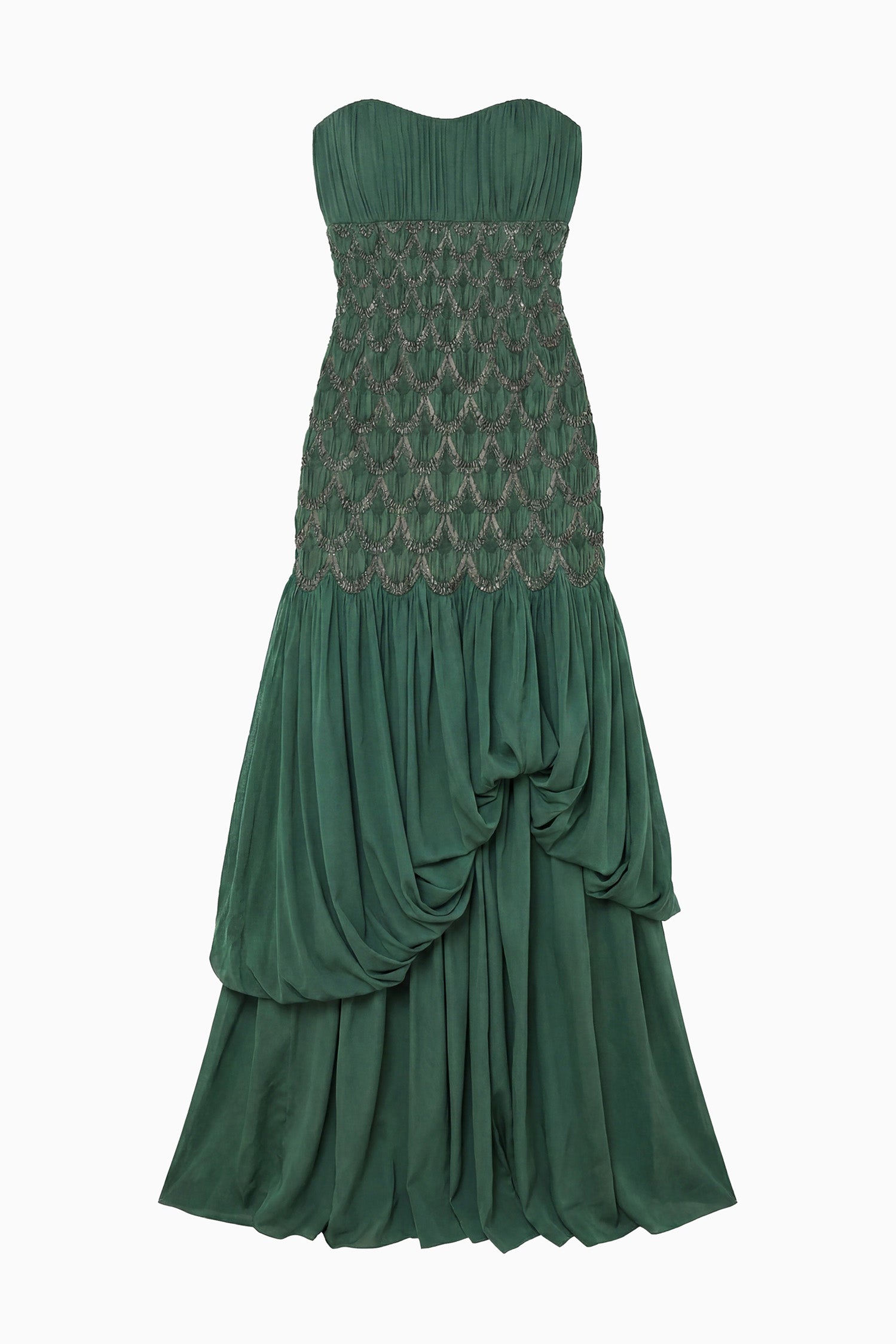 Ulla Johnson Green Silk Strapless Premium Gown with Metallic Cloqué Bodice - Flat Front View | Ulla Johnson