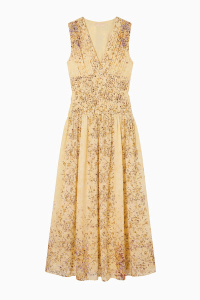 Forsythia Yellow Floral Silk Jacquard Designer Midi Dress - Flat Lay | Ulla Johnson