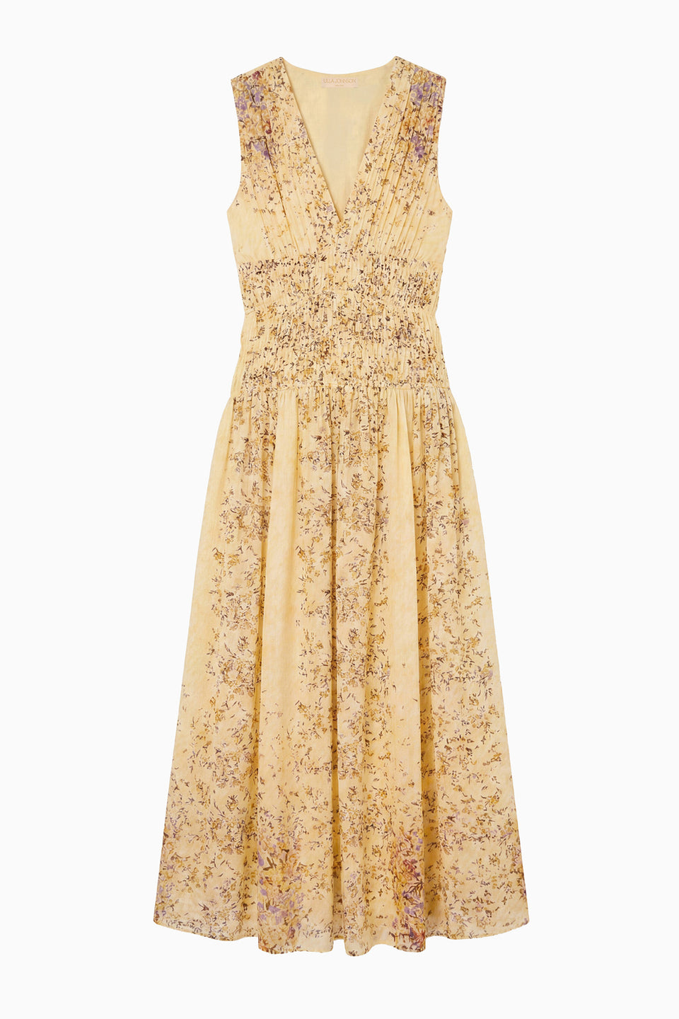 Forsythia Yellow Floral Silk Jacquard Designer Midi Dress - Flat Lay | Ulla Johnson